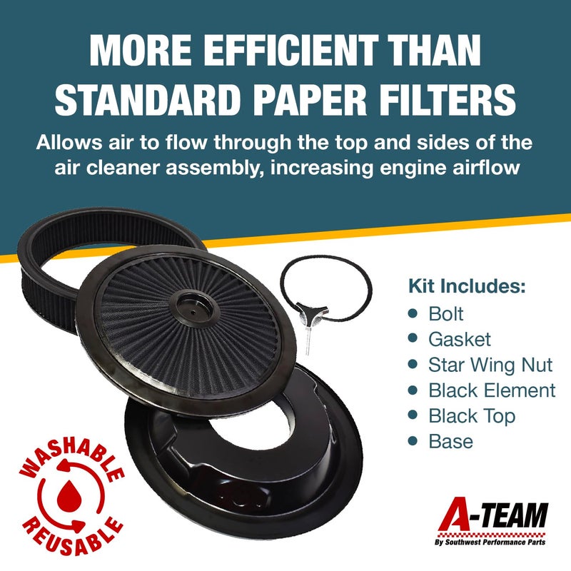 A-Team Performance High Flow Throttle Body Air Intake Filter - 14 in x 3 in, Round, Black - Carburetor Air Filter Kit - Washable & Reusable Design - Compatible with Chevrolet, GMC & Ford Models - Image 3